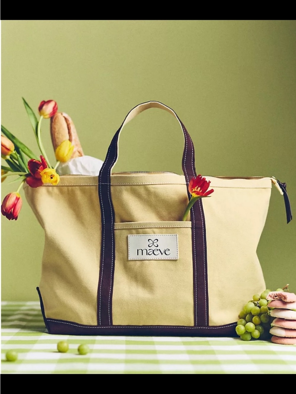 Anthropologie Maeve Cream Canvas Tote with Dark Brown Trim and Contrast Handles